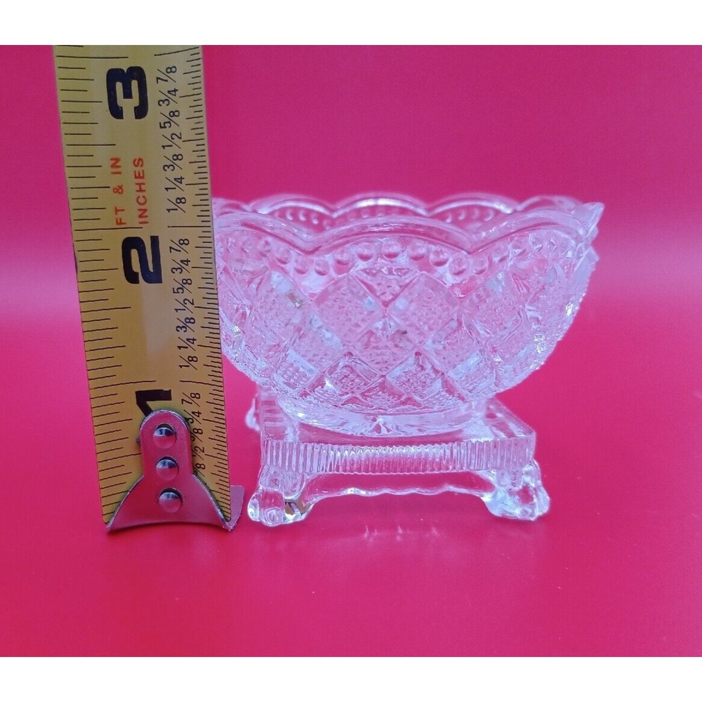 Vintage Clear Pressed Glass Footed Salt Cellar Scalloped Diamond Pattern Dish